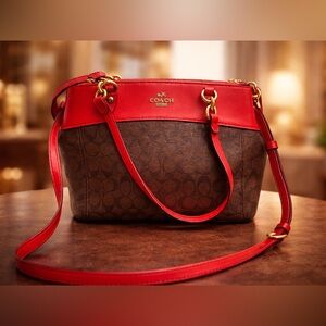 Coach Brown Signature Crossbody Bag with Red Trim
